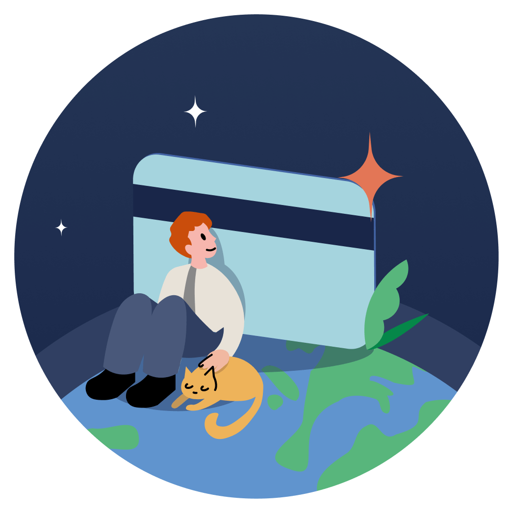 Illustration of a person sat on the earth leaning back against a credit card looking out to space