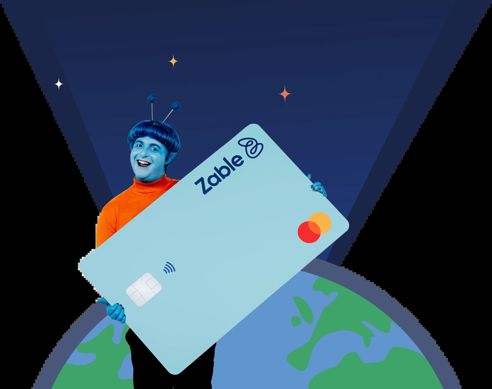 alien character holding a Zable credit card