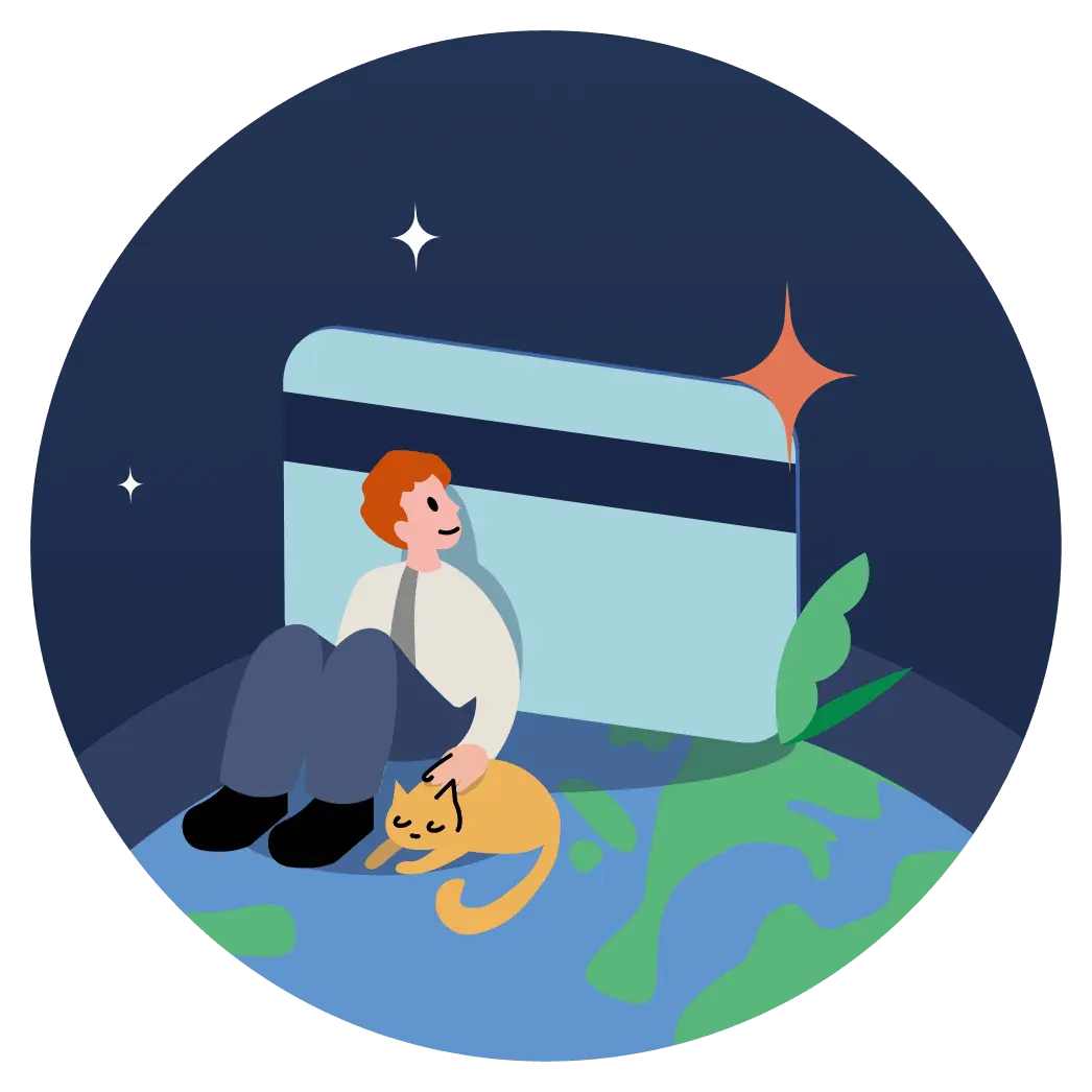 Illustration of a person sat on the earth leaning back against a credit card looking out to space