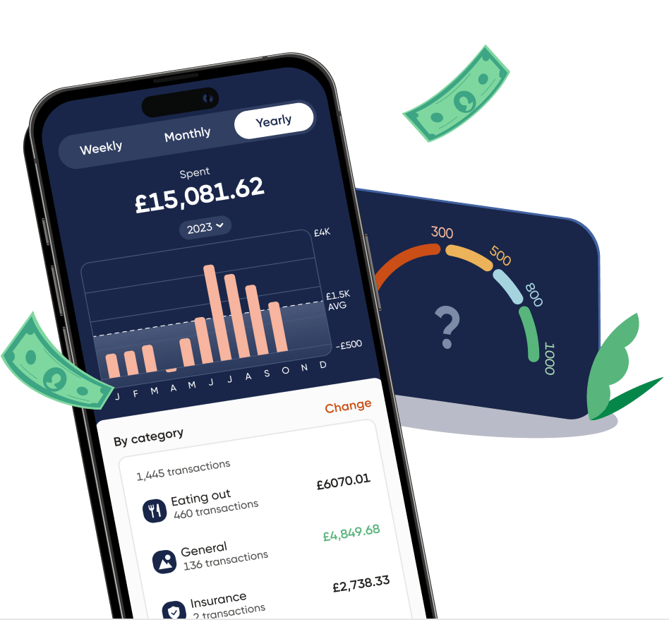 smartphone illustration with paper money floating around